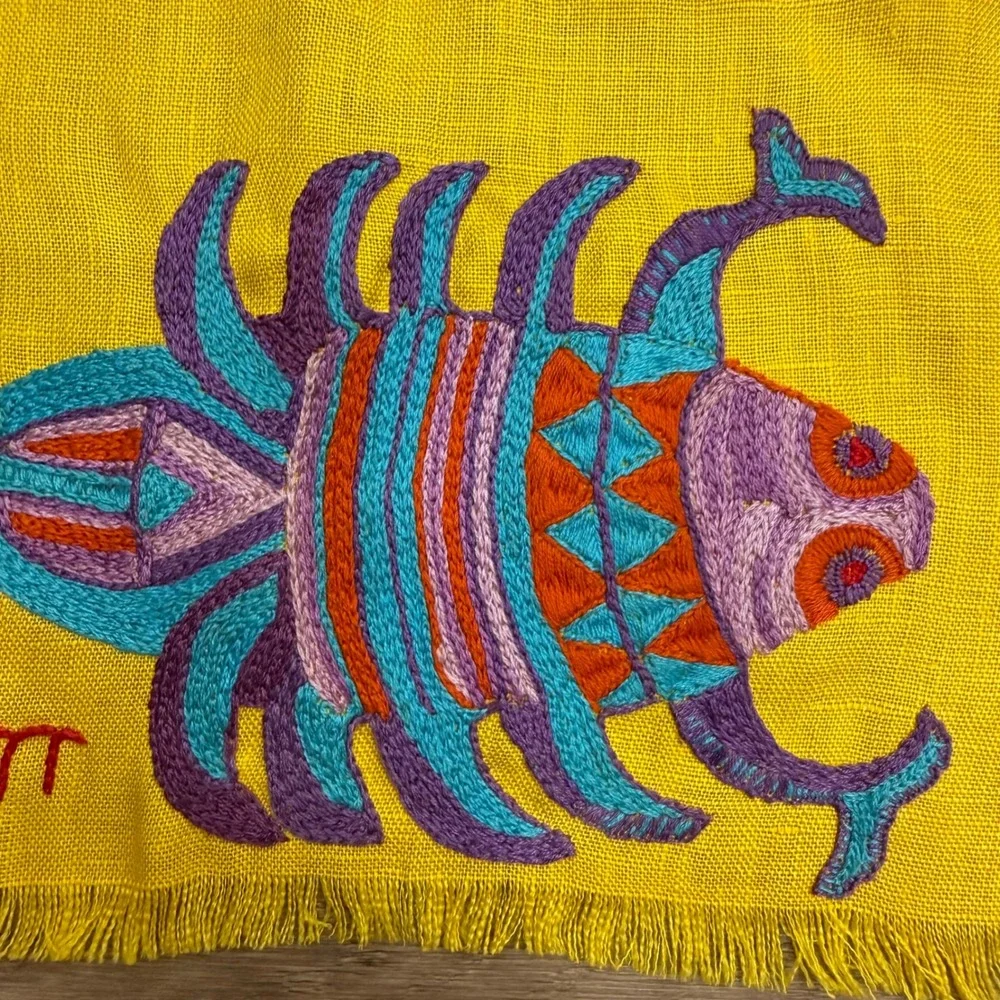 Vintage Embroidered Zodiac Scorpio Scorpion Linen Textile Yellow Boho Folk Art